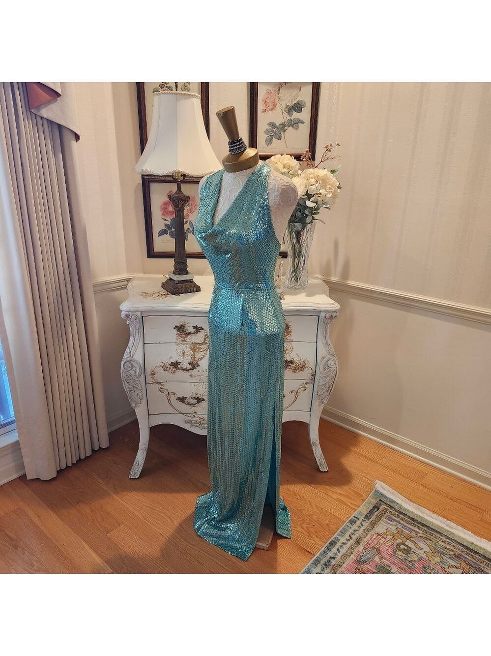 Vintage Lillie Rubin Liquid Sequin Seafoam Green Evening Dress Gown 8 - Picture 4 of 12